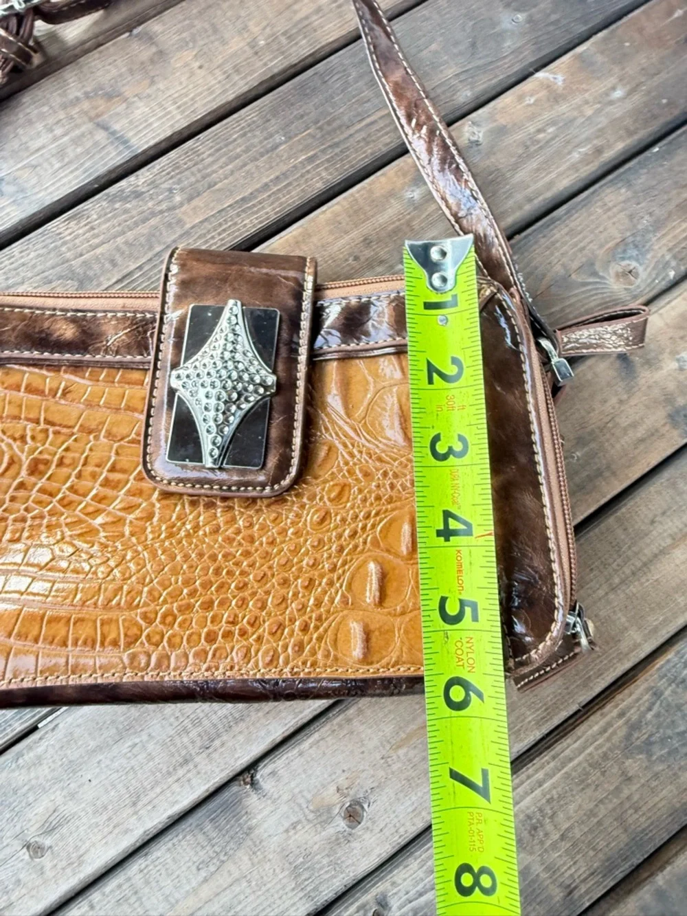 Marc Shantel Brown Faux Crocodile Embossed Crossbody Bag Silver Flap